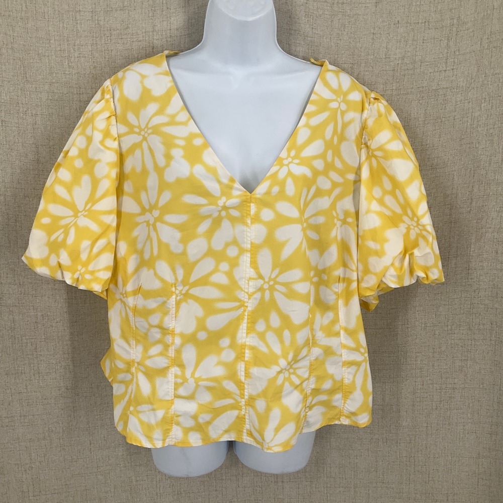 Banana Republic Blouse Sz 20 Yellow Cotton Floral Puff Sleeve Boho Bold Sunny